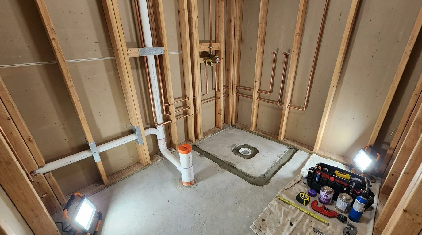 Bathroom rough-in plumbing during remodel by Johns Plumbing LLC in Dickeyville