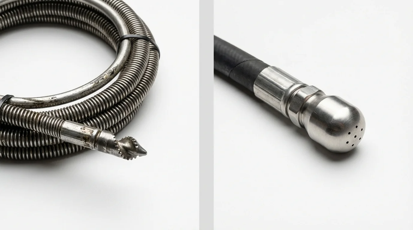 Drain snake cable and hydro jetting nozzle used for drain cleaning in Dickeyville, WI
