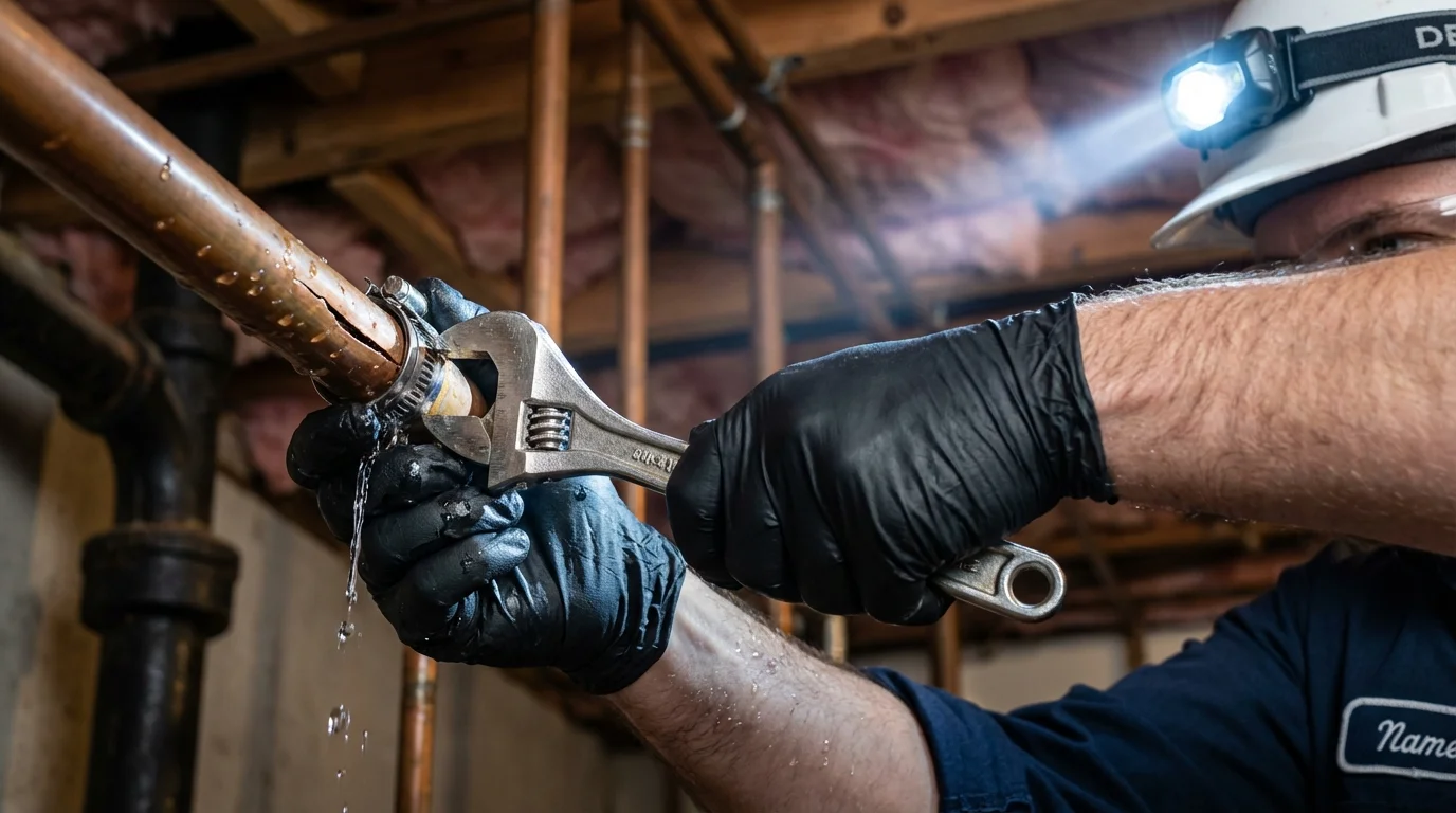 Emergency pipe clamp repair being performed by a Johns Plumbing LLC plumber in Dickeyville