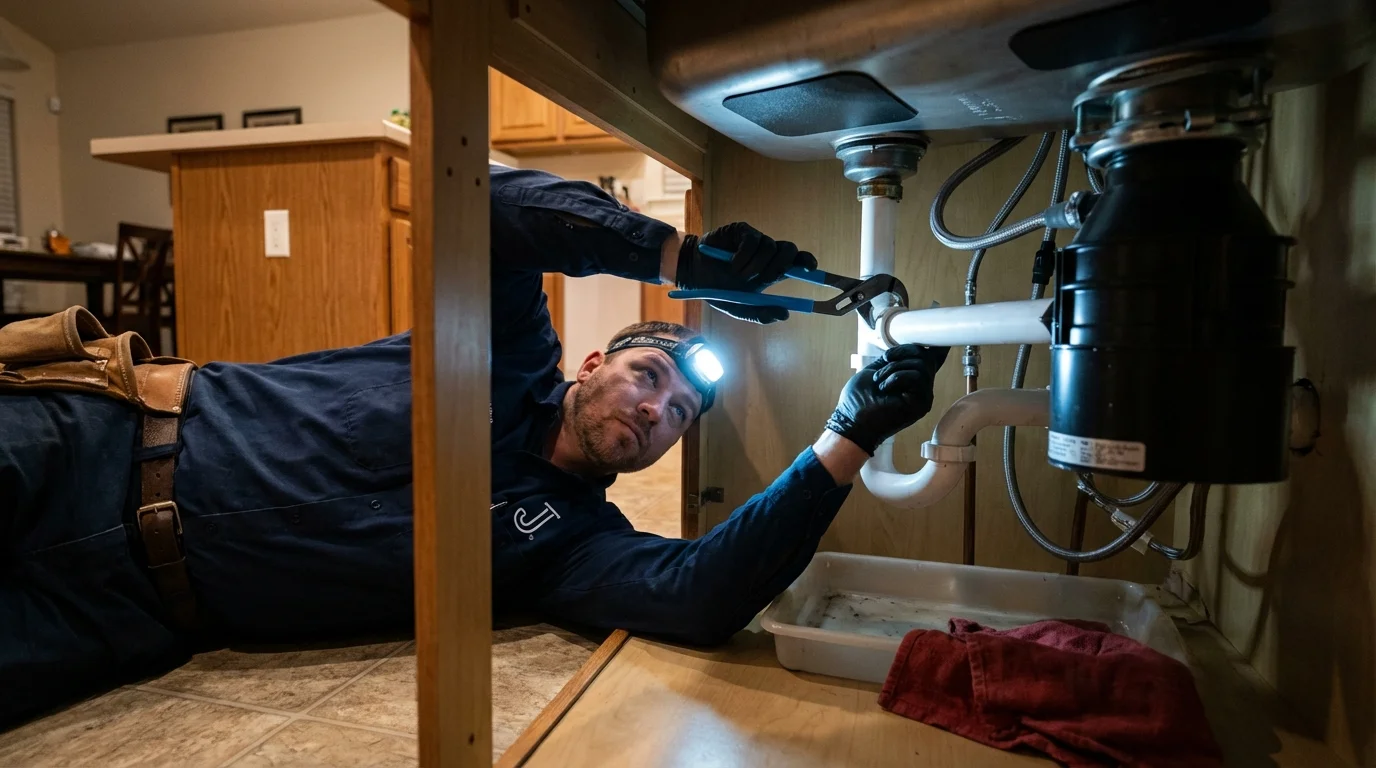 P-trap and supply line connections under a kitchen sink showing a common leak point in Dickeyville, WI